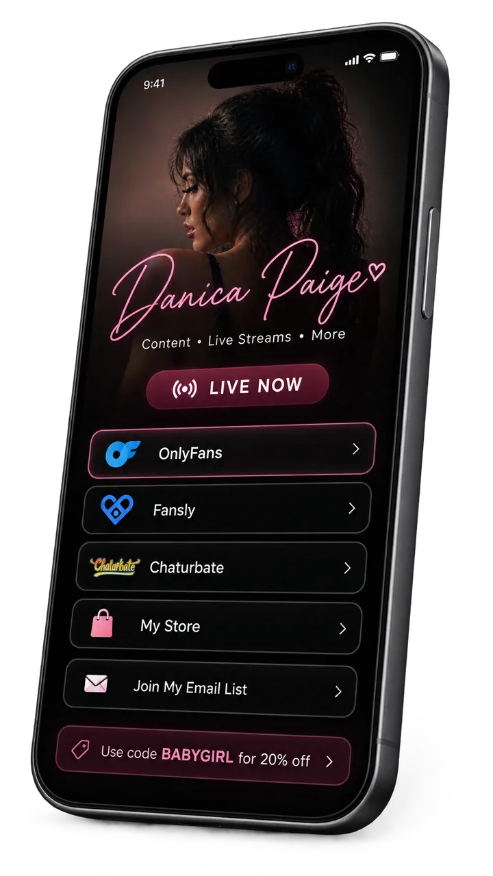 A creator's Stagename site on a phone: live banner, link cards and a promo code